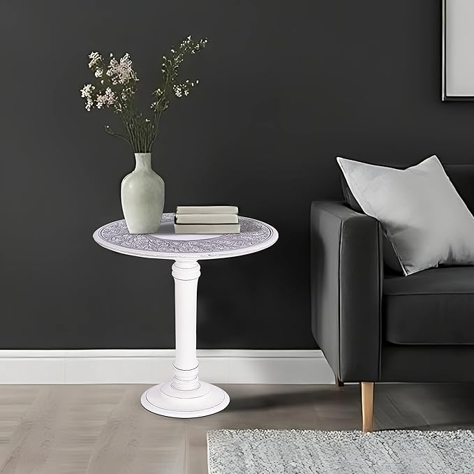 The Wooden Town Antique White Round Coffee Table – 18x22 Wood Accent Side Table for Living Room, End Table for Books & Plants, Small Altar Table