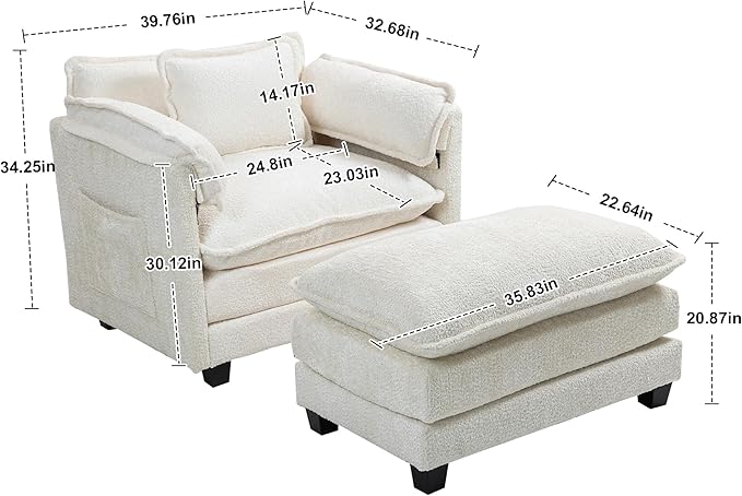 Furniliving Oversized Accent Chairs with Ottoman, Luxury Boucle Single Sofa, Upholstered Deep Seat Chaise Lounge with Pillows for Living Room, Bedroom, Apartment, Beige