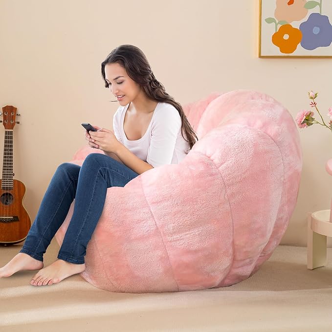 Pumpkin Bean Bag Sofa Chair for Adult, Beanbag Couch with Filler for Reading and Relaxation, Comfy and Lazy Sofa for Dorm, Apartment, Living Room and Bedroom, Pink