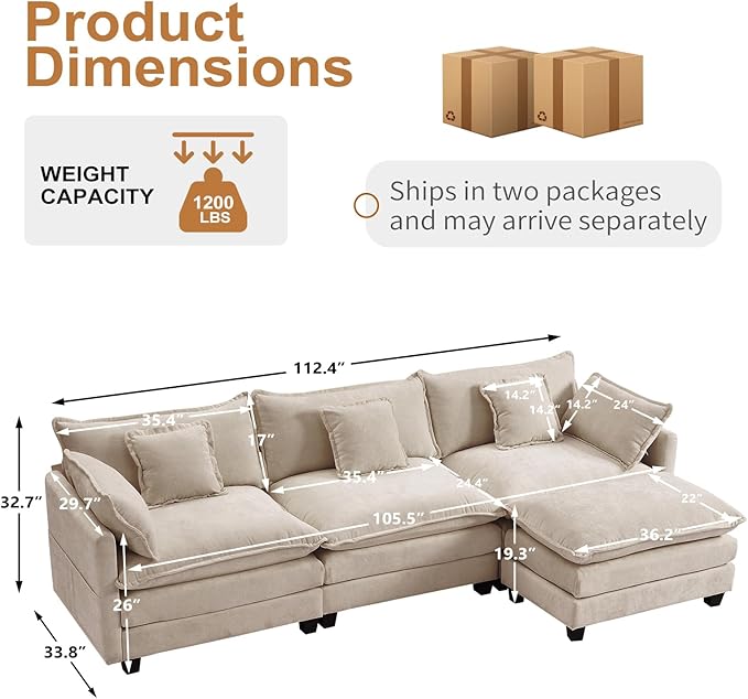 Furniliving 112‘’ L-Shaped Sofa, Luxury Chenille Modular Sectional Couches with Ottoman, Upholstered Deep Seat Sleeper Sofa with Memory Foam and Waist Pillows, Camel