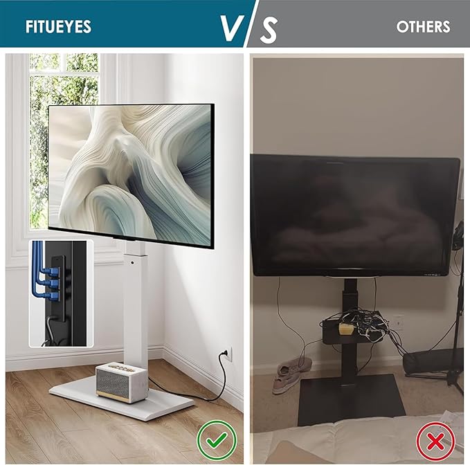 FITUEYES Floor Swivel TV Stand with Power Outlet for 32-65 Inch TVs, Floor TV Stand with Mount Height Adjustable with Iron Base, Hold Up to 88lbs, Space Saving for Bedroom, Living Room