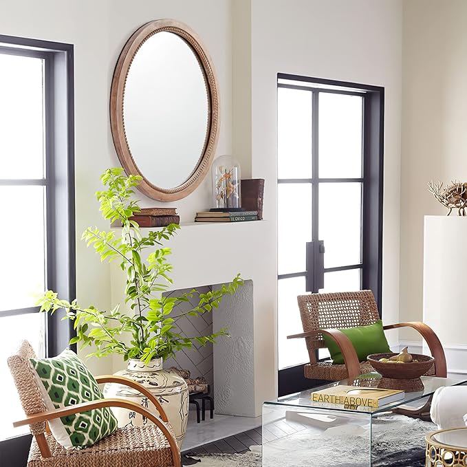 Sawsile Round Decorative Circle Farmhouse Style Mirror - 18inch Rustic Natural Wooden Frame Beads for Bedroom, Bathroom, Living Room or Entryway