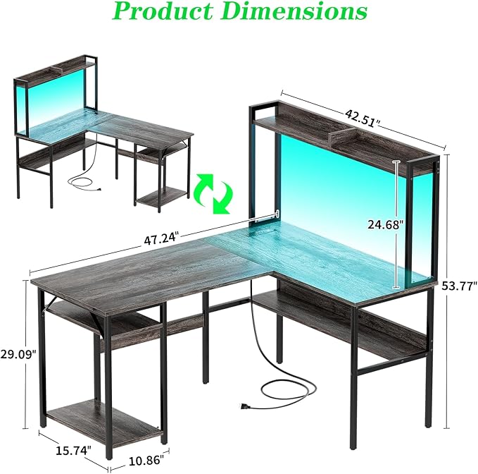 L Shaped Computer Desk with Hutch and Storage Shelves, Gaming Desk with LED Lights, Reversible L-Shaped Desk with Power Outlets, Home Office Desk, Corner Desk, Black Oak