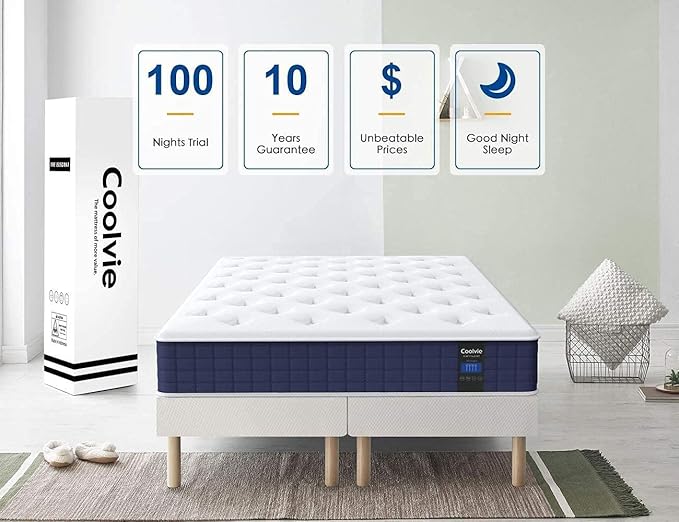 Coolvie Twin XL Mattress, 10 Inch Twin XL Size Hybrid Mattress, Individual Pocket Springs with Memory Foam, Bed in a Box, Cooler Sleep with Pressure Relief and Support