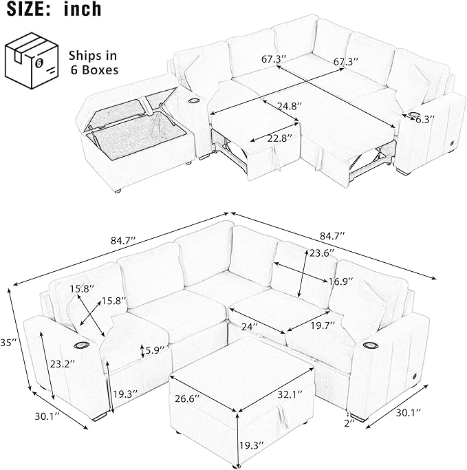 84.7" Symmetrical Convertible Sleeper Sectional Sofa Couch Bed for Living Room 4 Seater L Shaped Reversible Pull Out Sleeper Sofabed with Movable Ottoman ,2 Cup Holders ,USB Ports, Detachable Backrest