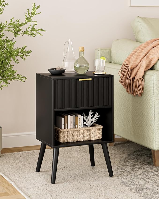 Nightstand, Small Side Table, Bedside Table with Drawer, Modern Night Stand, End Table for Bedroom, Living Room (Black Stripe)