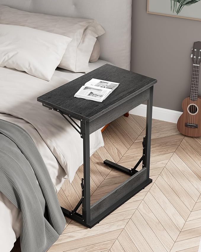 Tatub 24" Wide Folding C-Shaped End Table, Small Side Desk for Couch, Sofa TV Tray Table with Metal Frame for Living Room, Bedroom, Light Gray