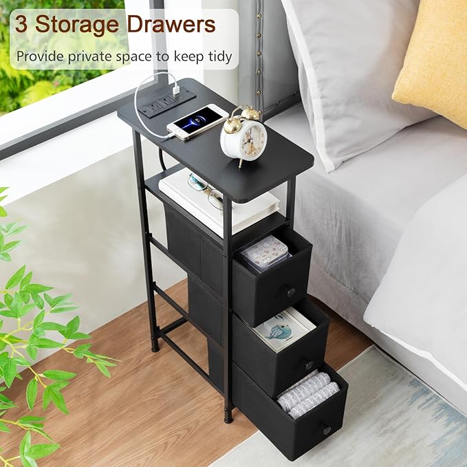 Narrow End Table Living Room with Charging Station, Skinny Side Table with Fabric Drawers, Slim Nightstand for Bedroom, Small Spaces, Couch, Black, HETNDP03BK-1