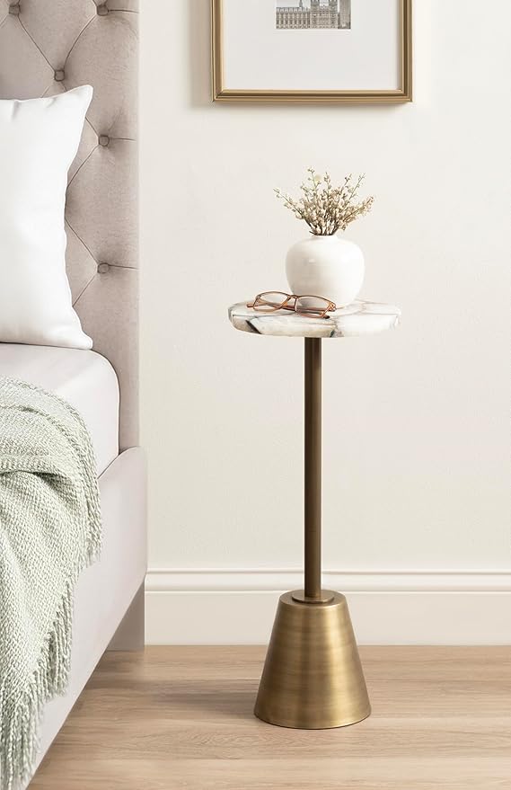 Kate and Laurel Tira Elegant Wavy Round Drink Table, 10 x 10 x 24, Natural Agate and Antique Brass, Vintage Scalloped Circular Mini Table with One-of-a-Kind Stone Tabletop for Indoor Plant Stand