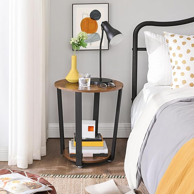 VASAGLE End Table, Round Side Table with Storage Shelf, Easy Assembly, Industrial Accent Furniture with Steel Frame, Rustic Brown and Black