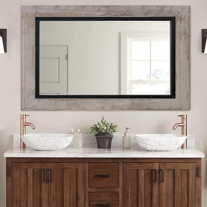 YOSHOOT Rustic Wooden Framed Wall Mirror, Natural Wood and Iron Bathroom Vanity Mirror for Farmhouse Decor, Vertical or Horizontal Hanging, 60" x 30", Grey
