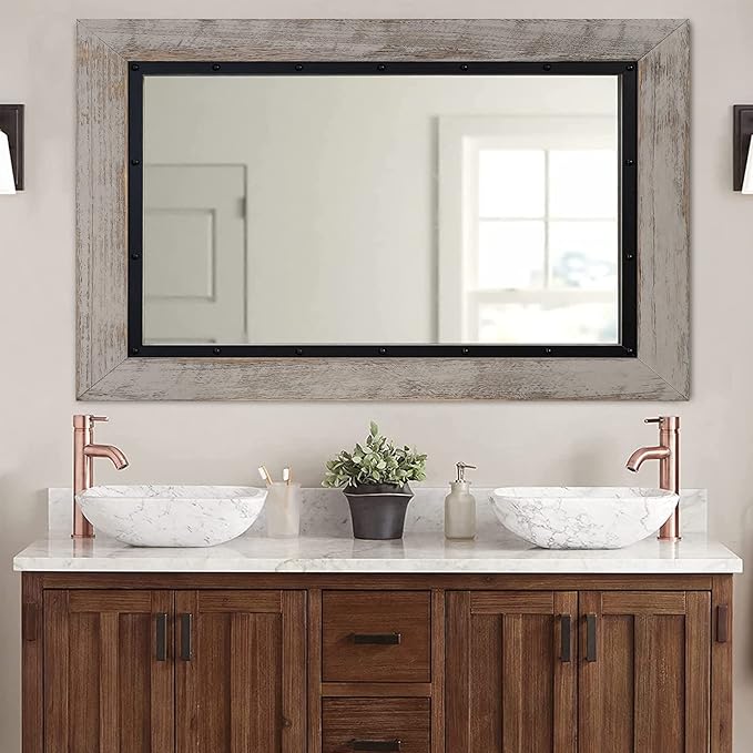 YOSHOOT Rustic Wooden Framed Wall Mirror, 32"x24", Natural Wood and Iron Bathroom Vanity Mirror for Farmhouse Decor, Vertical or Horizontal Hanging