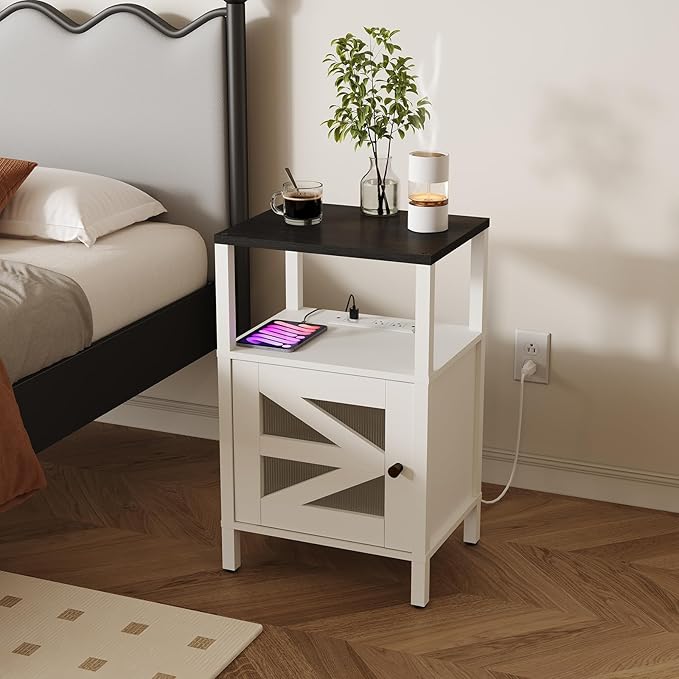 Farmhouse Nightstand with Charging Station, White Bedside Table with USB&Type-C Ports and Outlets, End Table with Storage, Side Table Night Stand for Bedroom, White and Black ETBW97E01