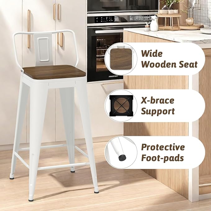 30 Inch Swivel Bar Stools Set of 4, Counter Height Bar Stools with Low Back, Metal Industrial Bar Chairs for Kitchen Island (White)