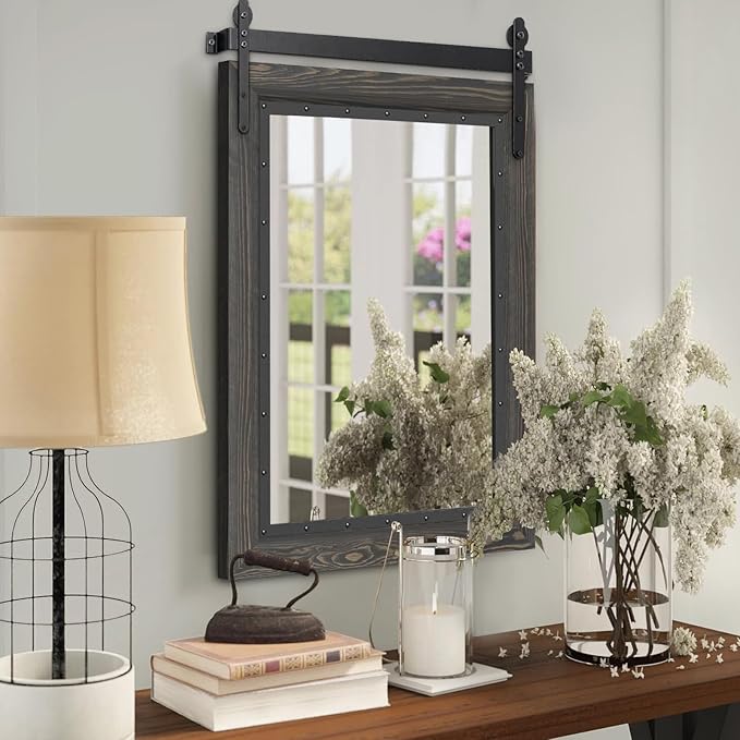 YOSHOOT Farmhouse Barn Door Mirror, 32"x24" Rustic Bathroom Mirror, Wood Frame Wall Mirror, Wooden Mirror for Living Room Bedroom Entryway Wall Décor, Vertical Hanging ONLY