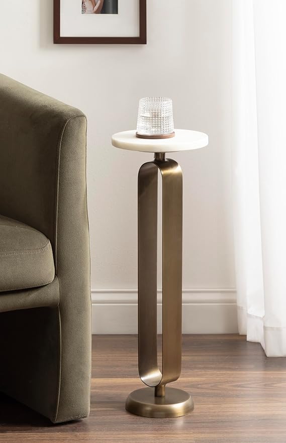 Kate and Laurel Helio Modern Round Marble Drink Table, 8 x 8 x 24, White and Antique Brass, Natural Marble Martini Table for Use as Small Plant Stand or Mini Nightstand