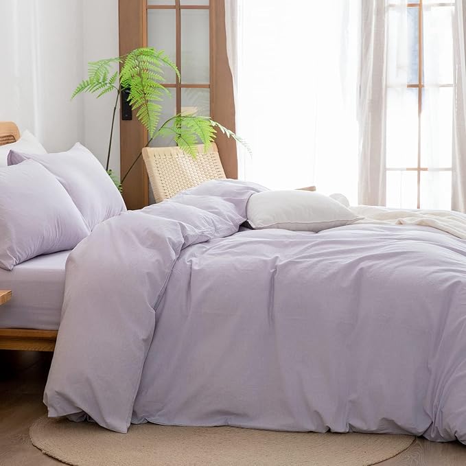 BESTOUCH Duvet Cover Set 100% Washed Cotton Linen Feel Super Soft Comfortable Chic Lightweight 3 PCs Home Bedding Set Solid Taro Purple Super King Plus