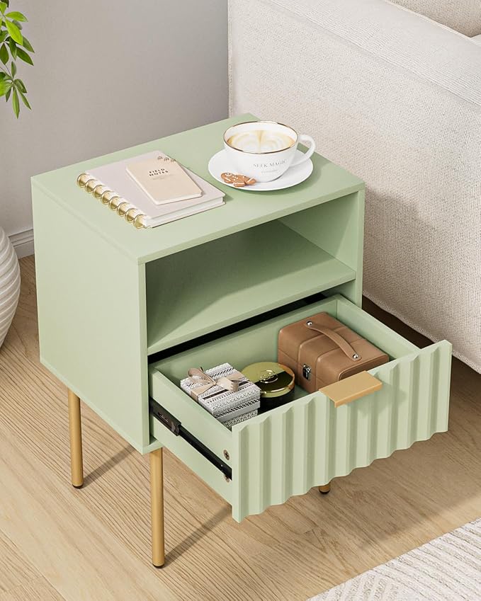 Nightstand,Modern Bedside Table with Gold Frame,Green Night Stand,Bedside Furniture, Modern Side Table with Drawer and Shelf for Bedroom,Living Room (Green)