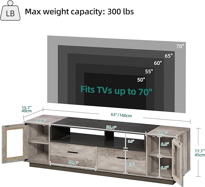 YITAHOME TV Stands for Living Room, Farmhouse TV Stand for 65/70 inch TV, LED TV Entertainment Center with Storage & Power Outlets, TV Console Cabinet, Rustic Grey