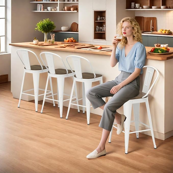 26” Swivel Bar Stools Set of 4, Counter Height Bar Stools Wooden Seat, Metal Industrial Bar Chairs with High Back for Kitchen Island (White)