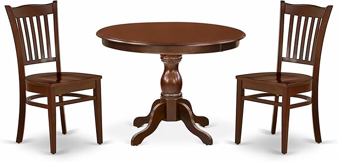 East West Furniture HBGR3-MAH-W 3 Piece Dining Room Table Set Contains a Round Kitchen Table with Pedestal and 2 Dining Chairs, 42x42 Inch, Mahogany
