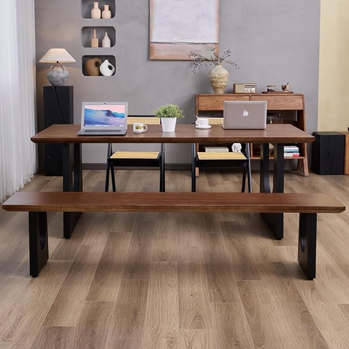 Walnut Color Long Bench Solid Wood Top Metal Legs U-Shaped Design Durable Sturdy Dining Bench Ideal for Office Home Restaurant Patio Multiple (Bench, 70.87in)