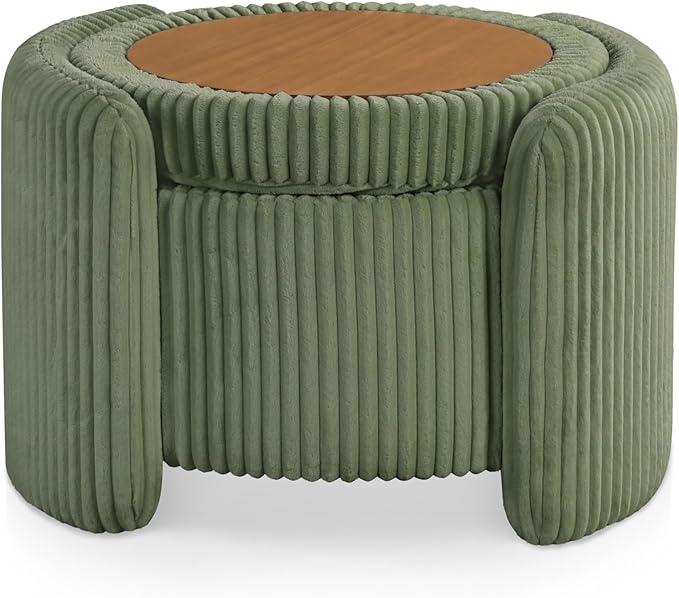 Furniture of America Lennox Modern Chenille 25-inch Round Storage Ottoman with Reversible Flip Top, Upholstered Footstool for Living Room, Bedroom, Entryway, Green
