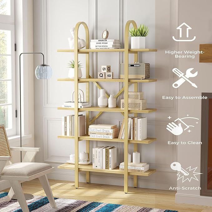 Wide Bookshelf Arched Bookcase, Industrial 5 Tier 72" Tall Freestanding Heavy Duty Display Rack for Home Office, Living Room,Nature Wood & Gold,Easy Assembly