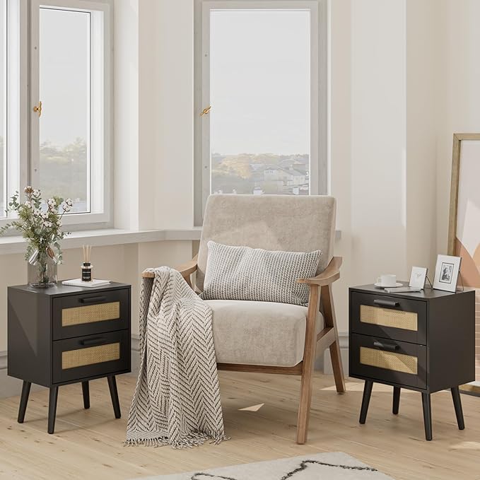 Masupu Rattan Night Stand, Modern nightstand Boho Bedside Table with 2 Drawer,Small End Side Table for Bedroom,Living Room,Office,Black