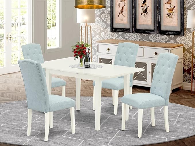 East West Furniture NOCE5-LWH-15 5 Piece Kitchen Table Set for 4 Includes a Rectangle Dining Table with Butterfly Leaf and 4 Baby Blue Linen Fabric Parson Chairs, 32x54 Inch, Linen White