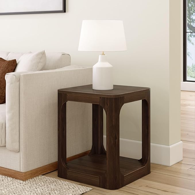 Plank+Beam Modern Rounded Square Side Table with Shelf, Solid Wood End Table for Living Room, 20in, Walnut