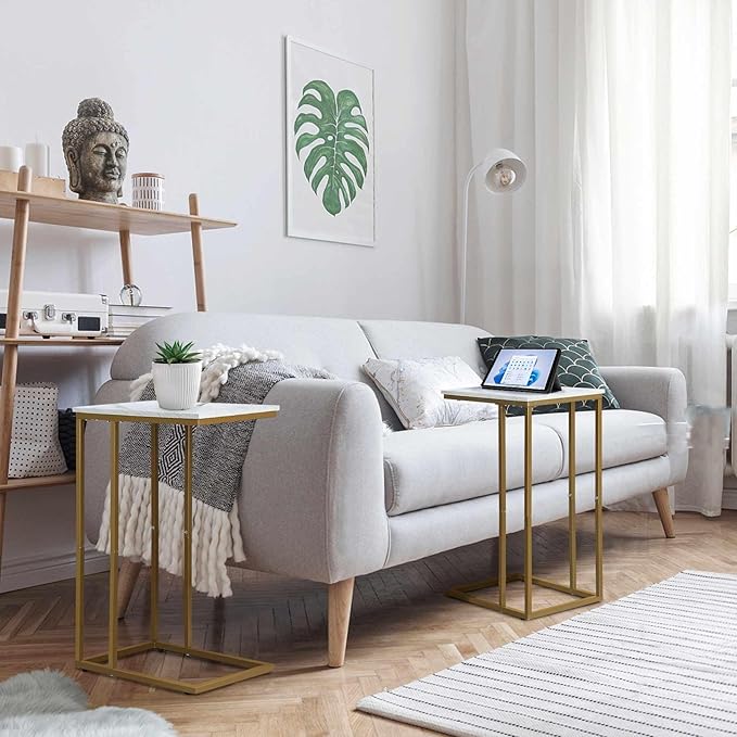 C Shaped End Table Set of 2, Small Side Table for Sofa and Bed, Couch Tables That Slide Under, Snack Side Table for Living Room, Bedroom, White Faux Marble and Gold