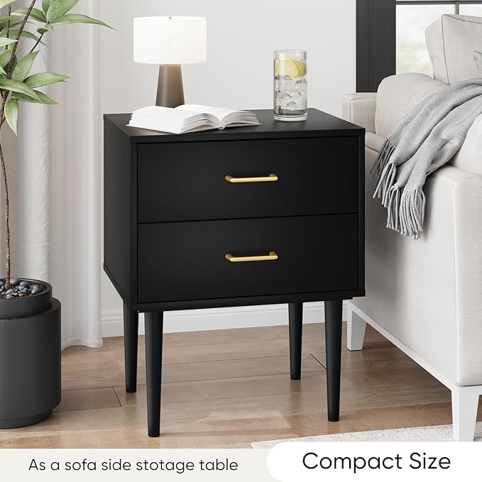 Smart FENDE 26 inch Tall Black Nightstand with 2 Drawers, ModernNight Stand Set of 2, Mid-Century Modern End Table, Wooden Bedside Table with Solid Wood Leg for Bedroom