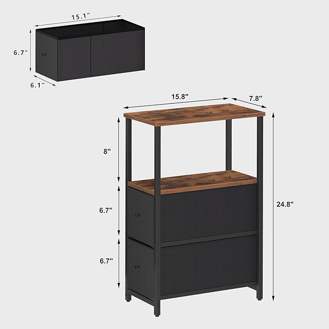 TUTOTAK Small Narrow End Table, Set of 2, Side Table, Nightstand with 2 Cloth Drawers, Couch Table, for Living Room, Bedroom, Bedside, Brown and Black TB01BB054K