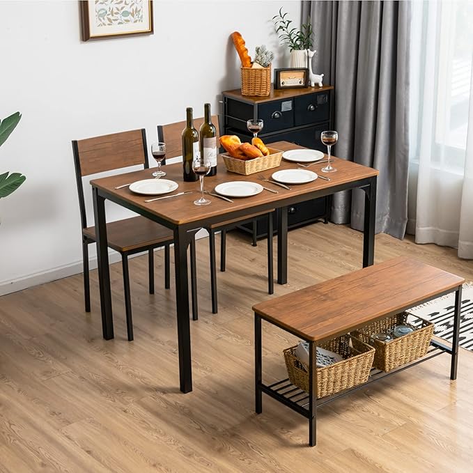 Giantex Dining Table Set for 4, 43" Kitchen Table and Chairs, Dining Bench with Metal Frame & Storage Rack, 4-Piece Modern Functional Desk Set for Dinette, Small Space, Apartment, Restaurant, Brown
