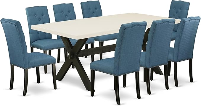 East West Furniture X627EL121-9 9 Piece Dining Room Table Set Includes a Rectangle Dining Table with X-Legs and 8 Blue Linen Fabric Upholstered Parson Chairs, 40x72 Inch, Multi-Color