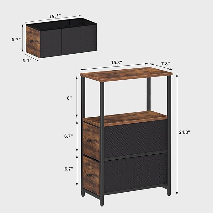 TUTOTAK Small Narrow End Table, Set of 2, Side Table, Nightstand with 2 Cloth Drawers, Couch Table, for Living Room, Bedroom, Bedside, Brown TB01BB054
