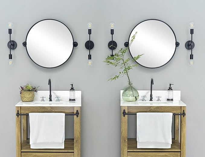 Round Pivot Bathroom Mirror Black Circle Metal Framed Tilting Vanity Mirrors for Wall