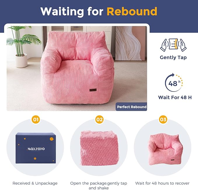 MAXYOYO Bean Bag Chair, Tufted Bean Bag Couch Lazy Chair, Living Room Sofa Couch with Filler for Adult Teens Kids, Corded Fabric Accent Sofa for Bedroom Dorm, Pink