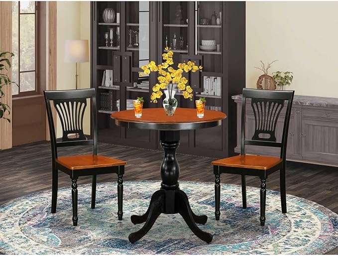 East West Furniture ESVA3-BCH-W 3 Piece Dining Table Set for Small Spaces Contains a Round Dining Room Table with Pedestal and 2 Wood Seat Chairs, 30x30 Inch, Black & Cherry
