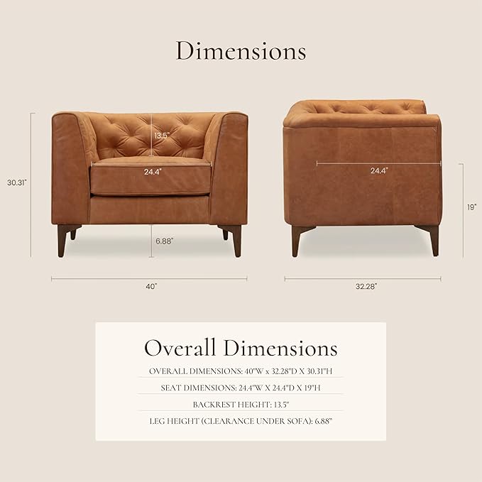 Poly & Bark Essex Lounge Chair - Leather Chair with Tufted Back - Full-Grain Living Room Armchair with Feather-Down Topper - Single Couch - Vintage Italian Leather in Cognac Tan