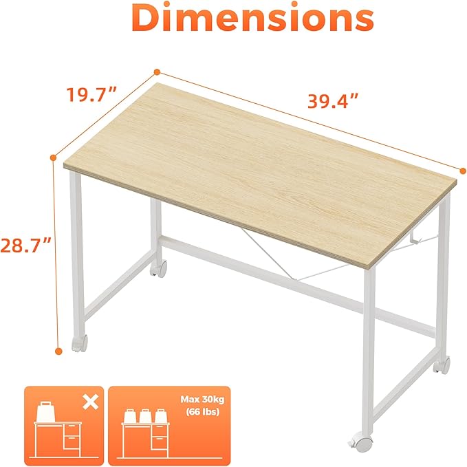 Rolling Computer Desk with Wheels, Gaming Desk for Small Spaces, Modern Simple Style Table for Home Office, Study Writing Table (Caster, Oak, 40 inch)