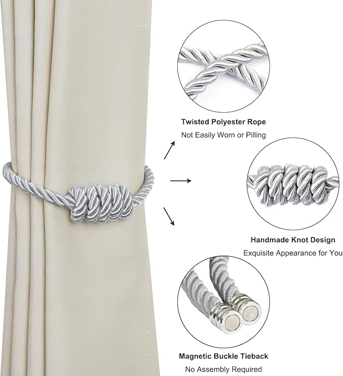 BEL AVENIR Magnetic Curtain Tiebacks, Decorative Drapery Holdbacks Modern Woven Tie-Backs with Exquisite Knot (Sliver, 4 Pack)