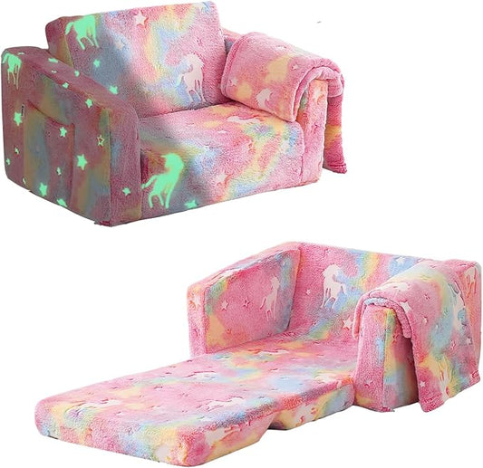 Toddler Couch Fold Out, Foldable Toddler Chair with Blanket, Kids Couch for Girls & Boys, Flip Out Kids Sofa, Convertible Sofa to Lounger for Children Age 1-3 (Glow Pink)