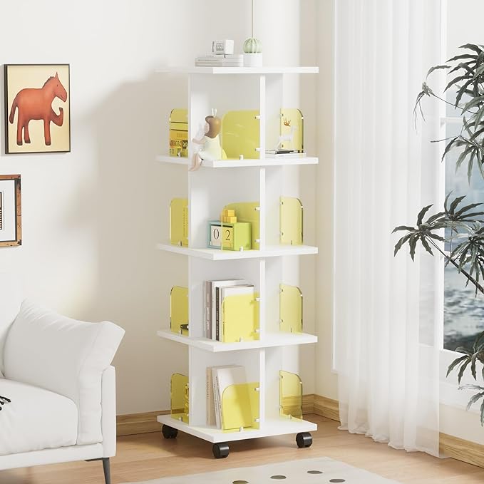 VECELO 4-Tier Rotating Bookshelf on Wheels, Revolving Bookcase Tower, Mobile Book Rack with Acrylic Windows, Narrow Rolling Bookshelves for Small Space, Corner, Bedroom, Office, White