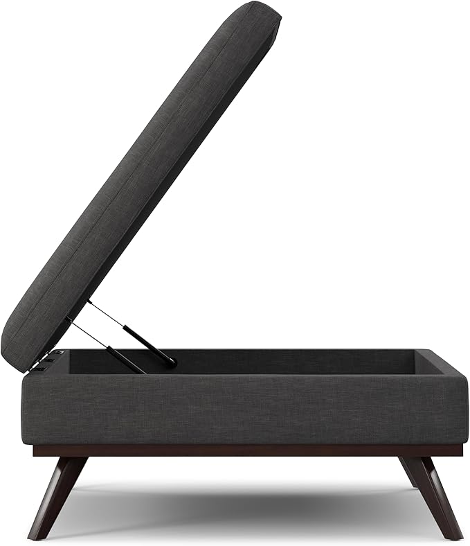 SIMPLIHOME Owen 40 inch Wide Mid Century Modern Square XL Coffee Table Storage Ottoman in Slate Grey Polyester Fabric, Assembled, for The Living Room, Entryway and Family Room