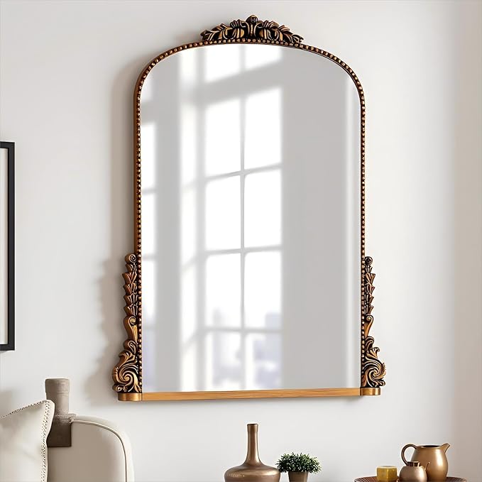 SHYFOY Antiqued Wall Mirror Decorative Vintage Mirrors for Wall Decor, Baroque Wall Mirrors Ornate Arch Mantel Mirror for Living Room Entryway Powder Room, Bronze Dark-Gold Wall Decor, MDF Backing
