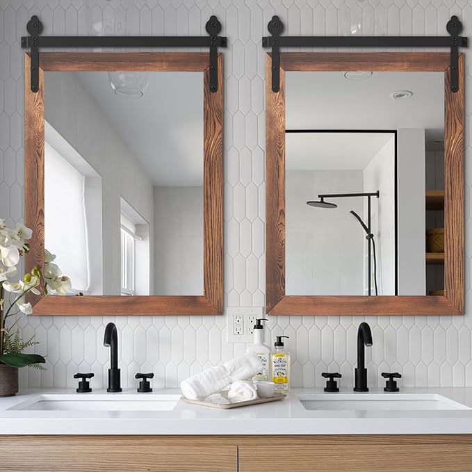 YOSHOOT Farmhouse Barn Door Mirror, 32"x24" Rustic Wood Framed Wall Mirror, Wall Mounted Vintage Mirror, Wooden Farmhouse Style for Bathroom Living Room Entryway, Brown, Vertical Hanging ONLY