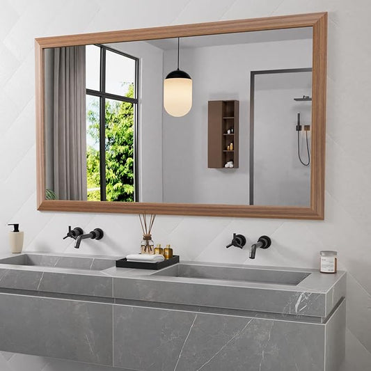 Amorho Bathroom Mirror, 60 X36 Inch Wall Mirror, Walnut Wood Grain Metal Framed, Anti-Rust, Hang Horizontally/Vertically, Suitable for Bedroom, Farmhouse, Bathroom, Decorative