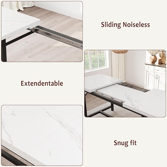 GarveeHome Extendable Dining Table Set for 4-6, Rectangle Large Extendable Kitchen Table with 2 Upholstered Benches & Metal Corner Protect for Dining, Apartment, Space Saving, Marble White